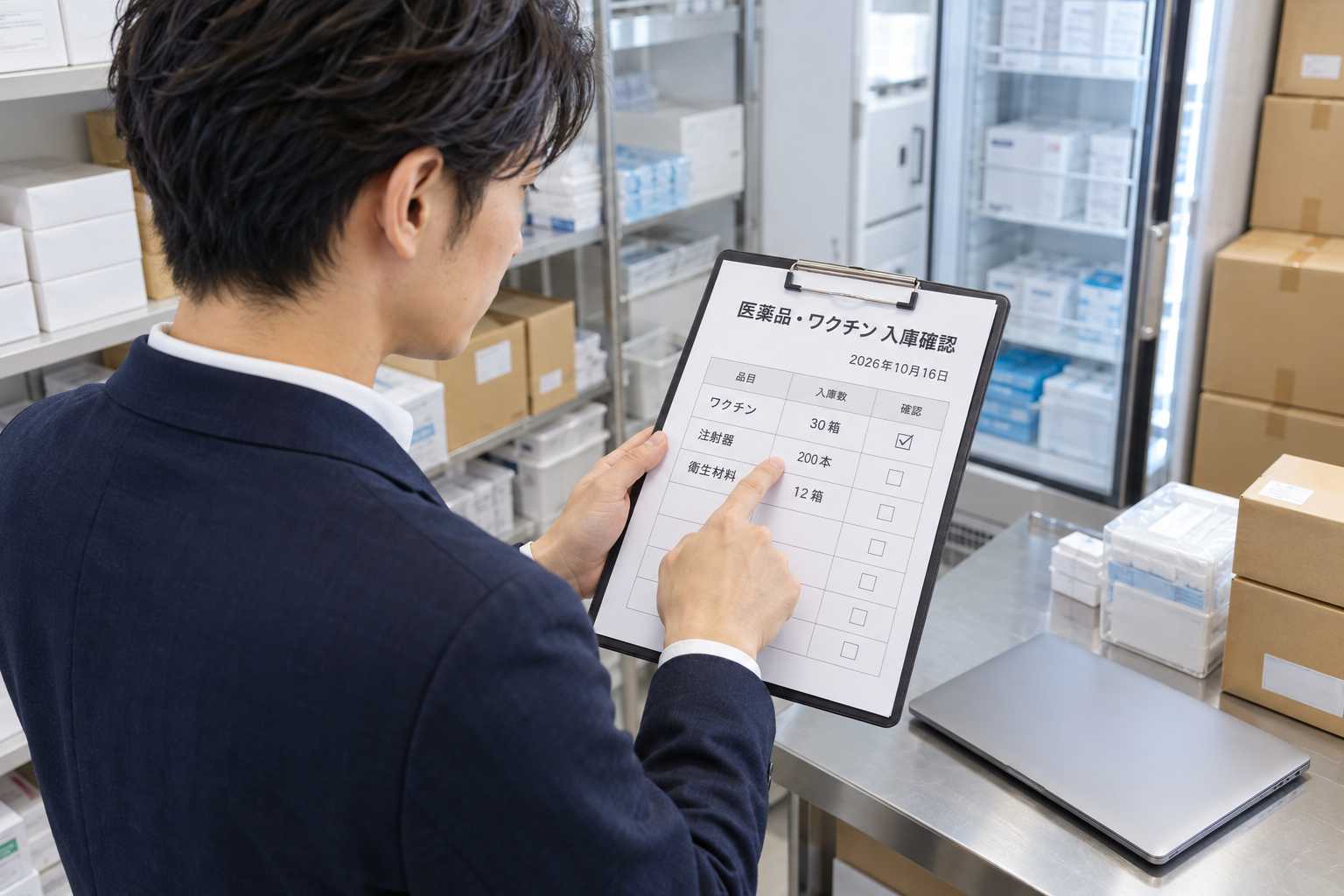 医薬品・ワクチンの入庫を確認する動物病院のスタッフ