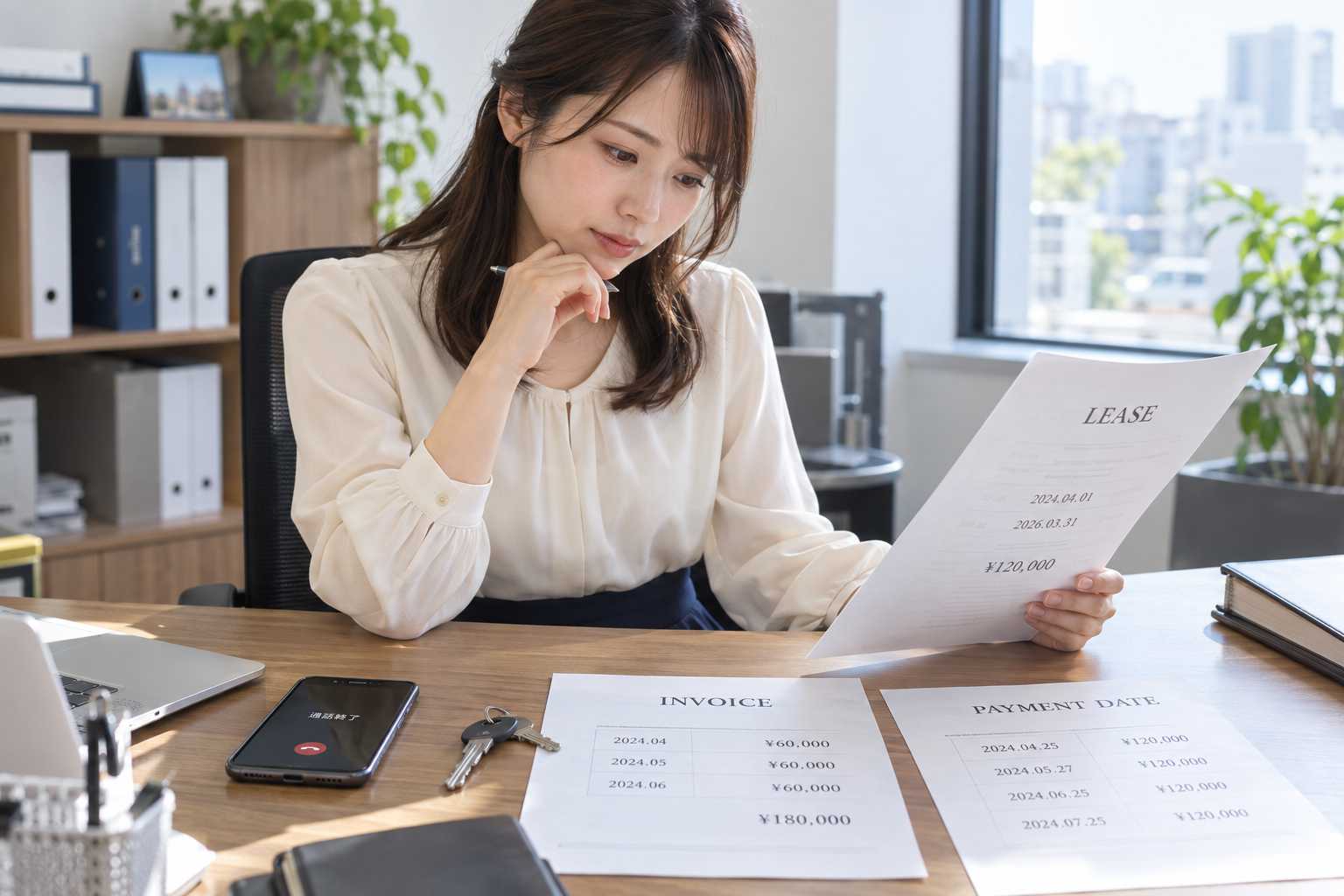 契約書や請求書を前に考え込む不動産仲介業者の様子