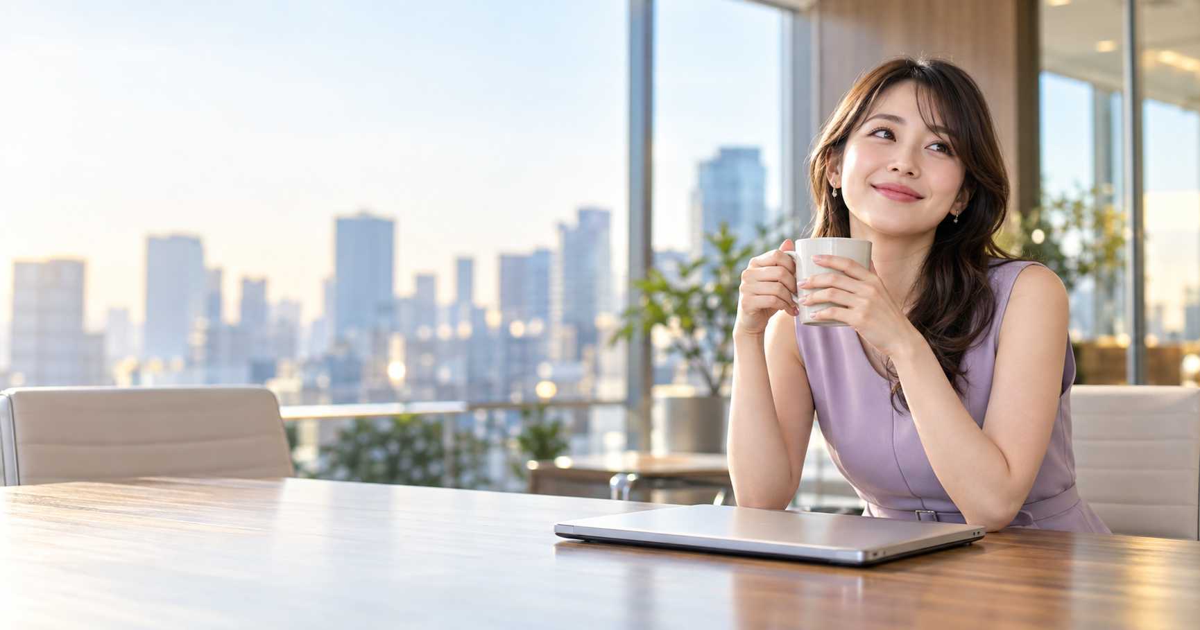 落ち着いた様子でノートパソコンを閉じ、一息つく人材紹介会社の経営者