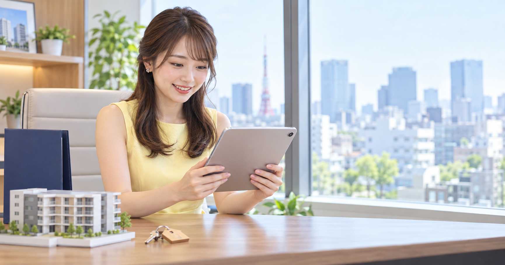 落ち着いた様子でタブレットを確認する不動産仲介業者