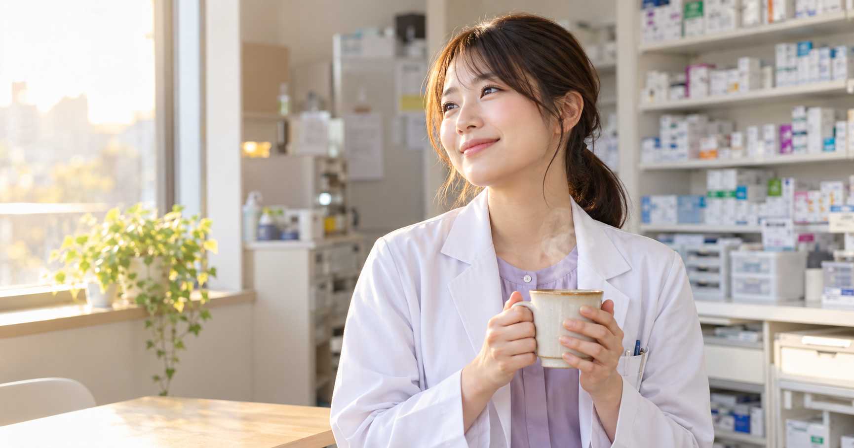 調剤薬局の経営者が落ち着いた様子でカップを手にしている写真
