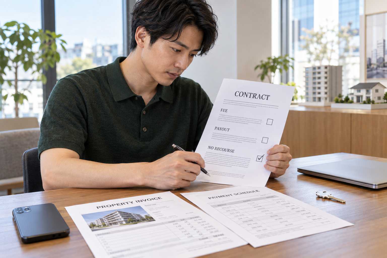 契約書の手数料・買取額・償還請求権の有無を確認している様子