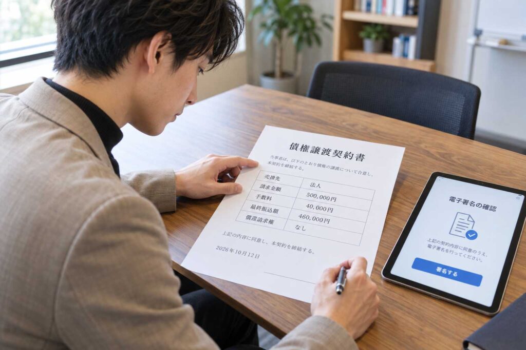 債権譲渡契約書とタブレットの電子署名確認画面