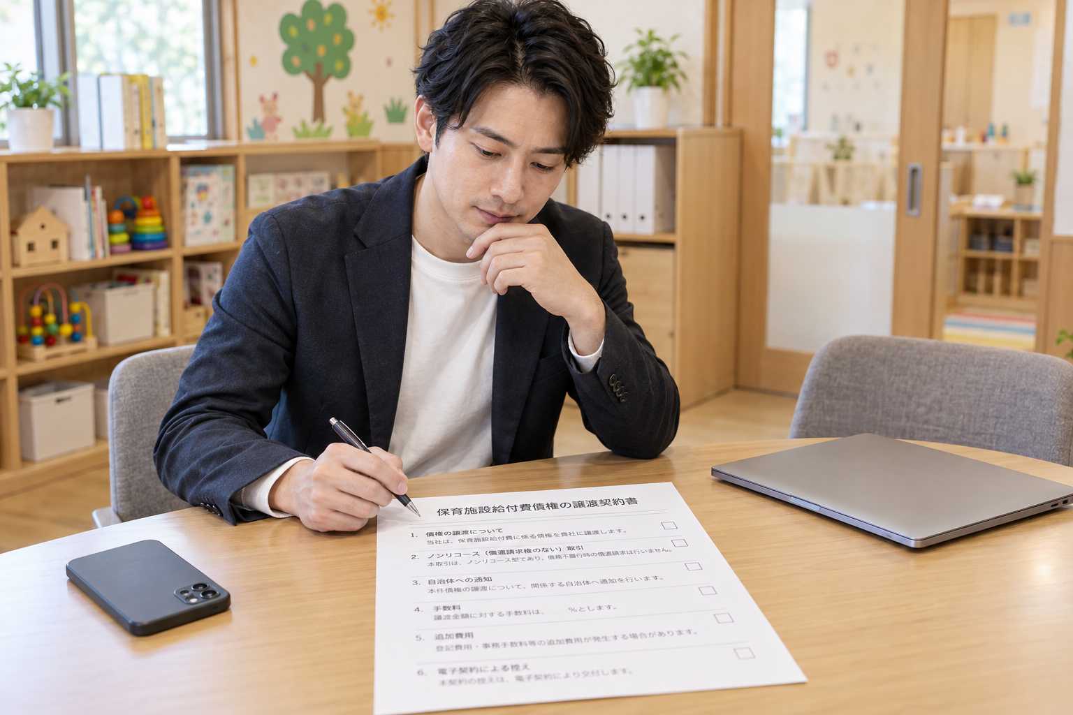 保育施設給付費債権の譲渡契約書の確認項目を見ている様子