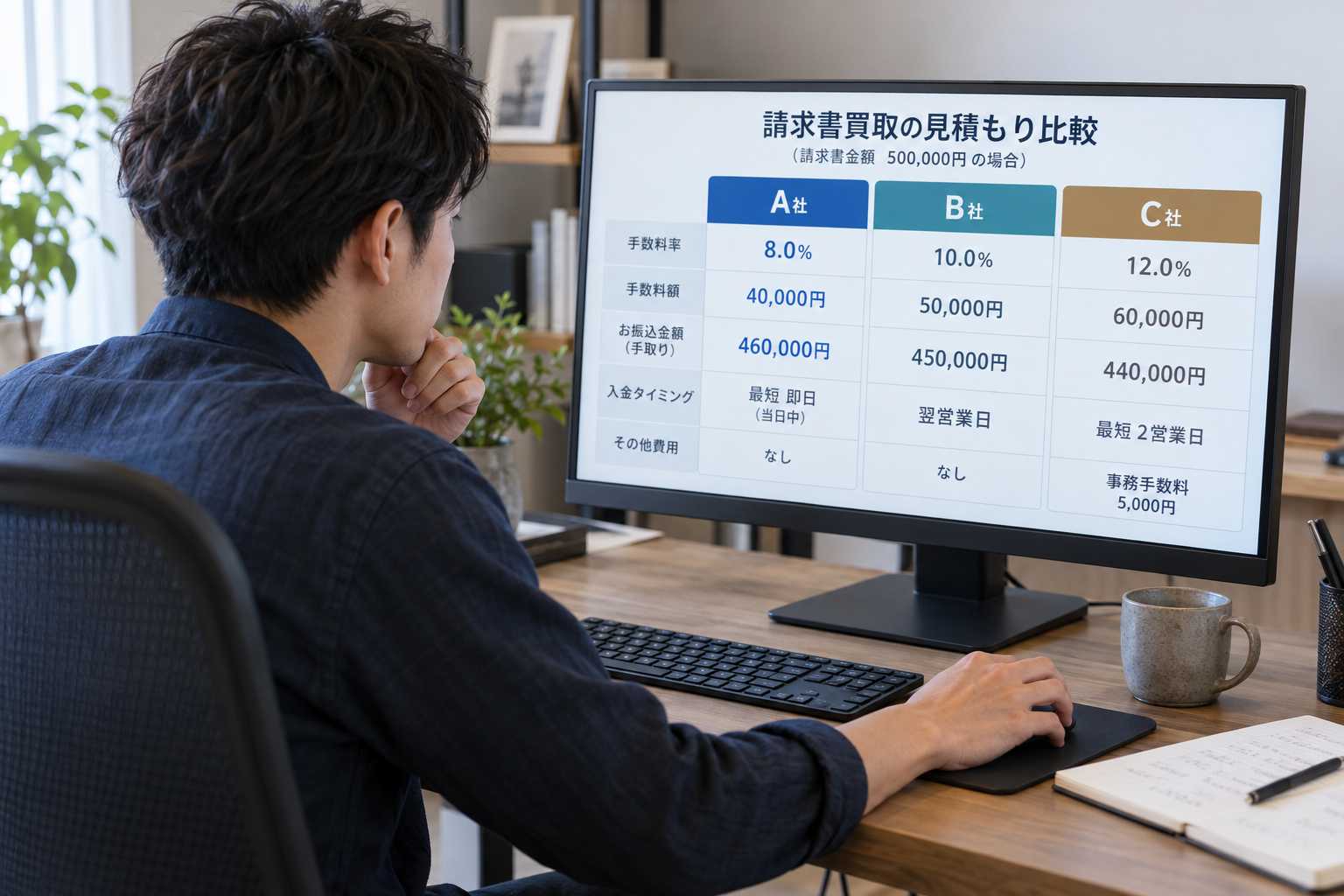 複数社の見積もりを比較する男性