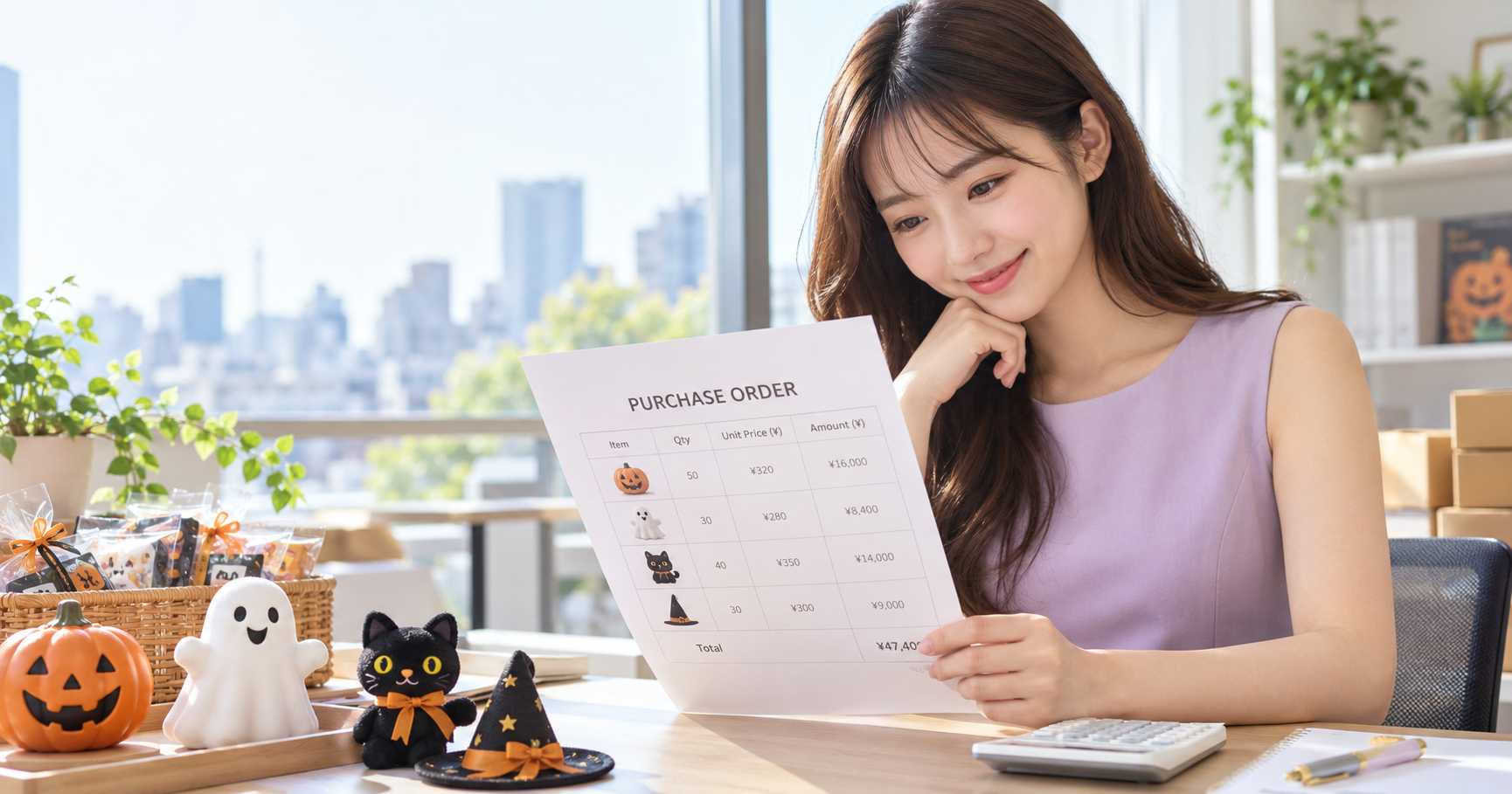 ハロウィン商材の発注書を前に手を止める小売店スタッフのイメージ