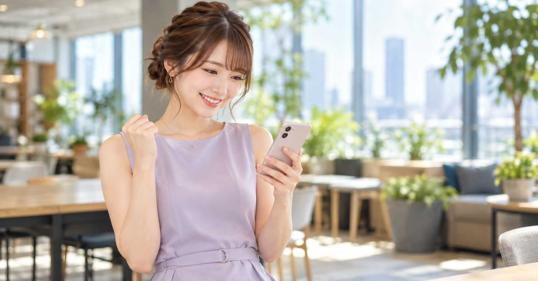 スマートフォンを見てガッツポーズをする女性
