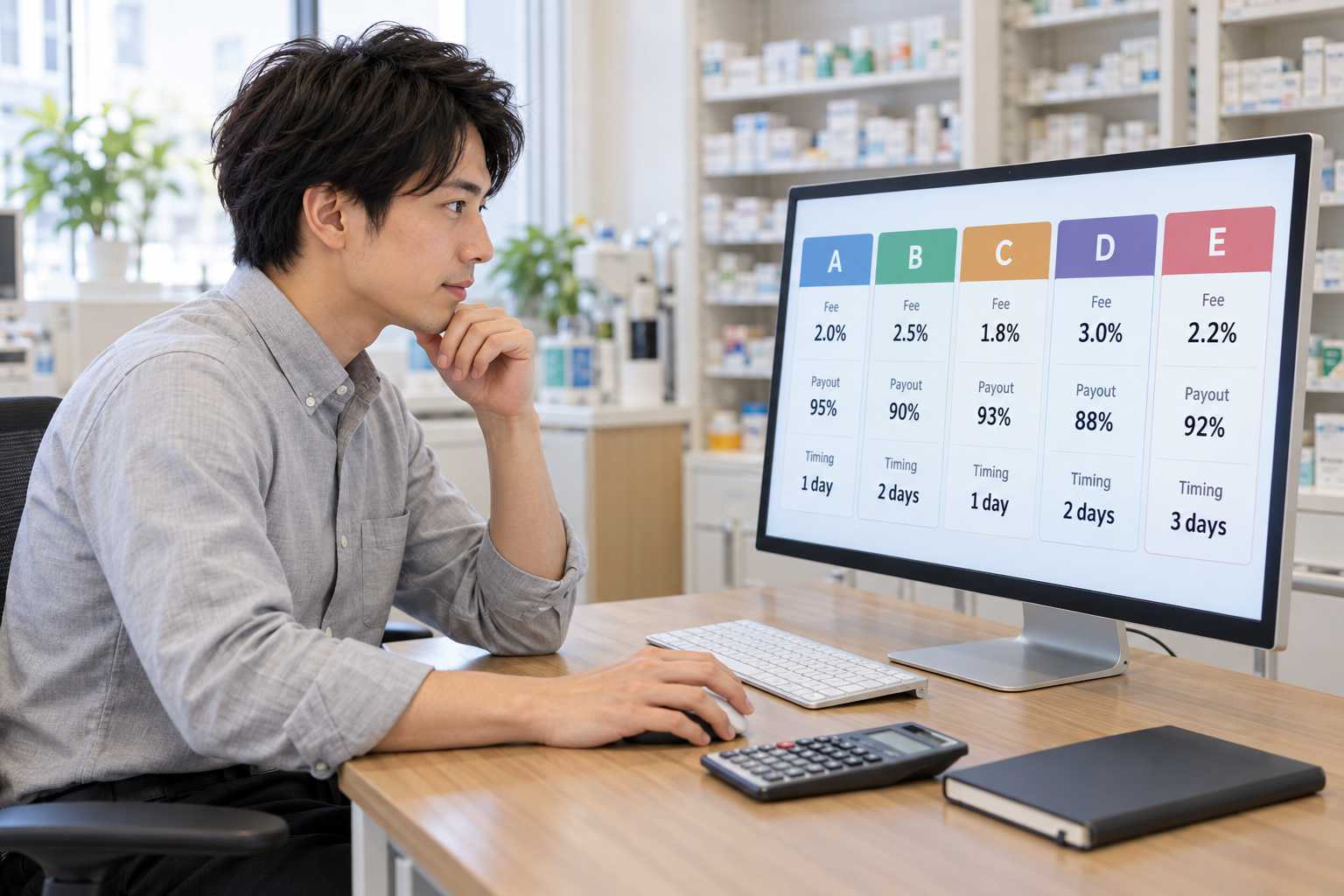 調剤薬局がファクタリング会社5社を比較するイメージ