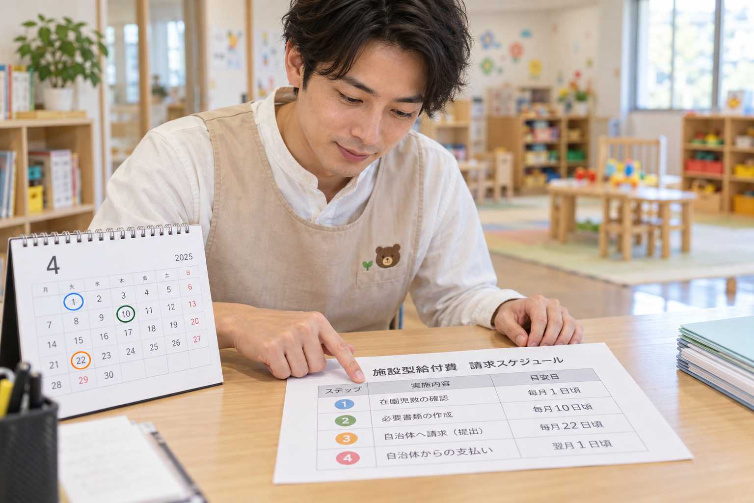 施設型給付費の請求スケジュールを確認する様子