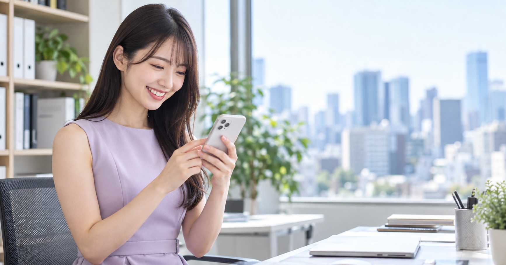 スマートフォンを見て微笑む女性、オフィスで