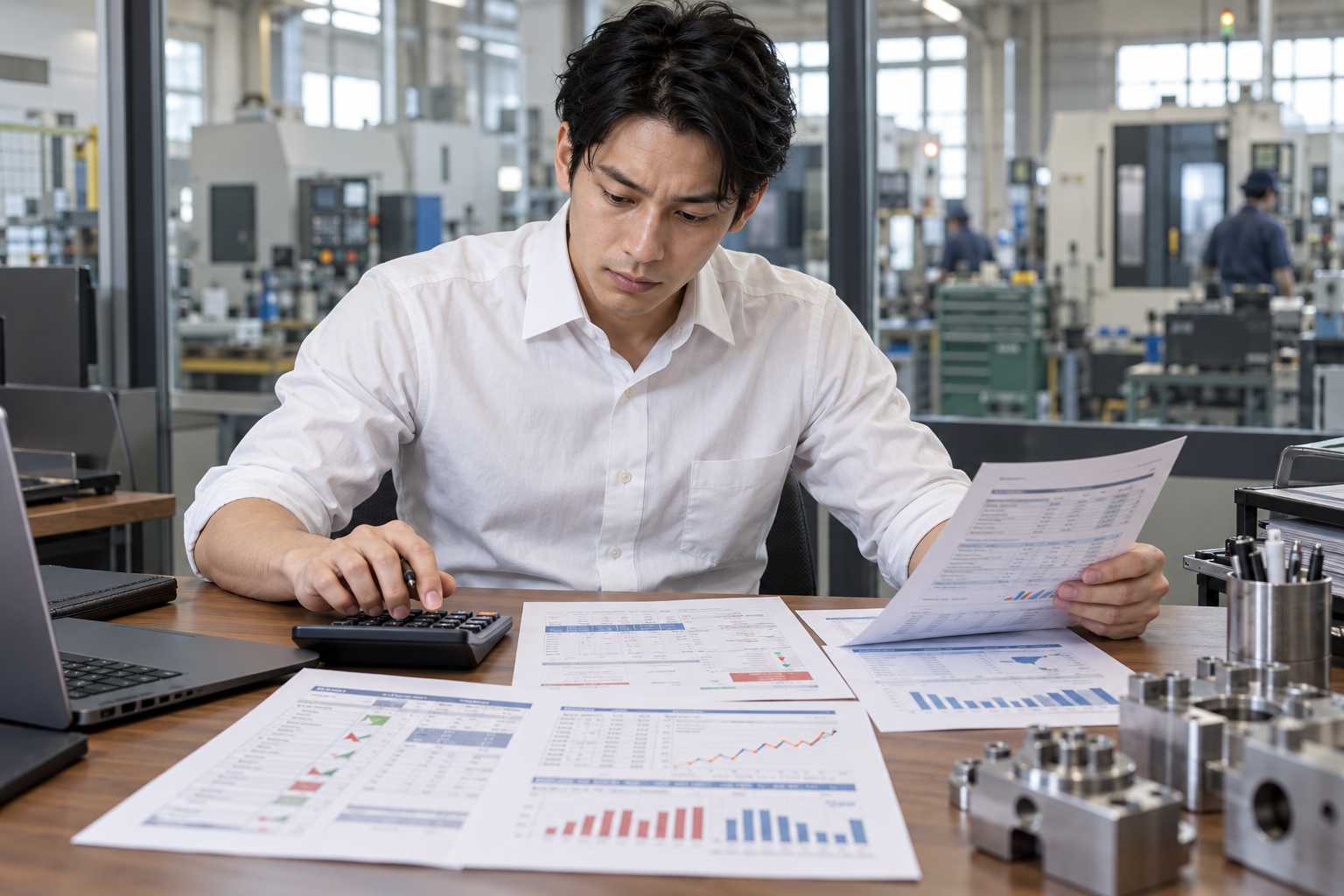 資金繰りの数値を確認する製造業の経営者