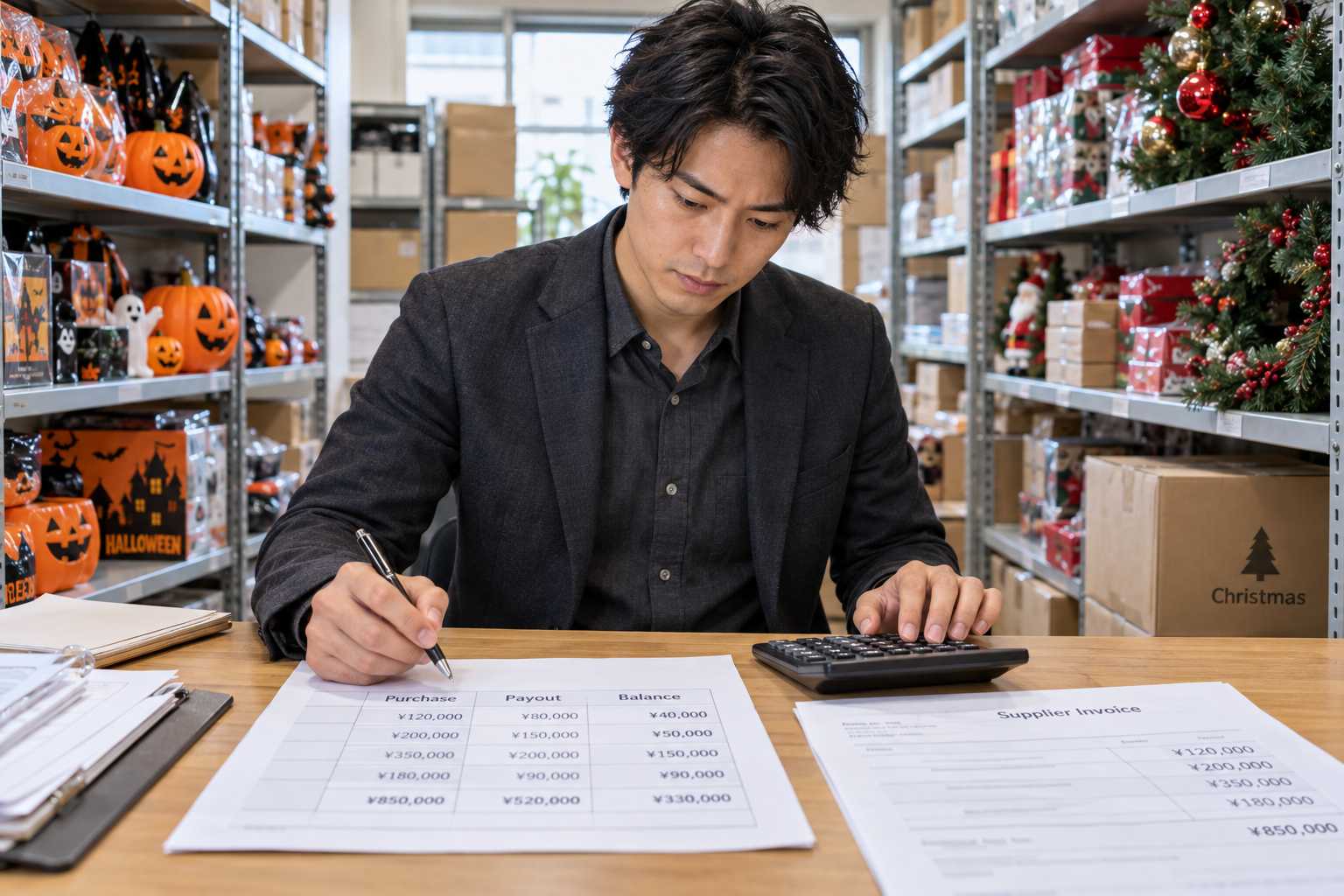 ハロウィン商材と年末商戦商材の棚を前に資金繰りを確認している様子
