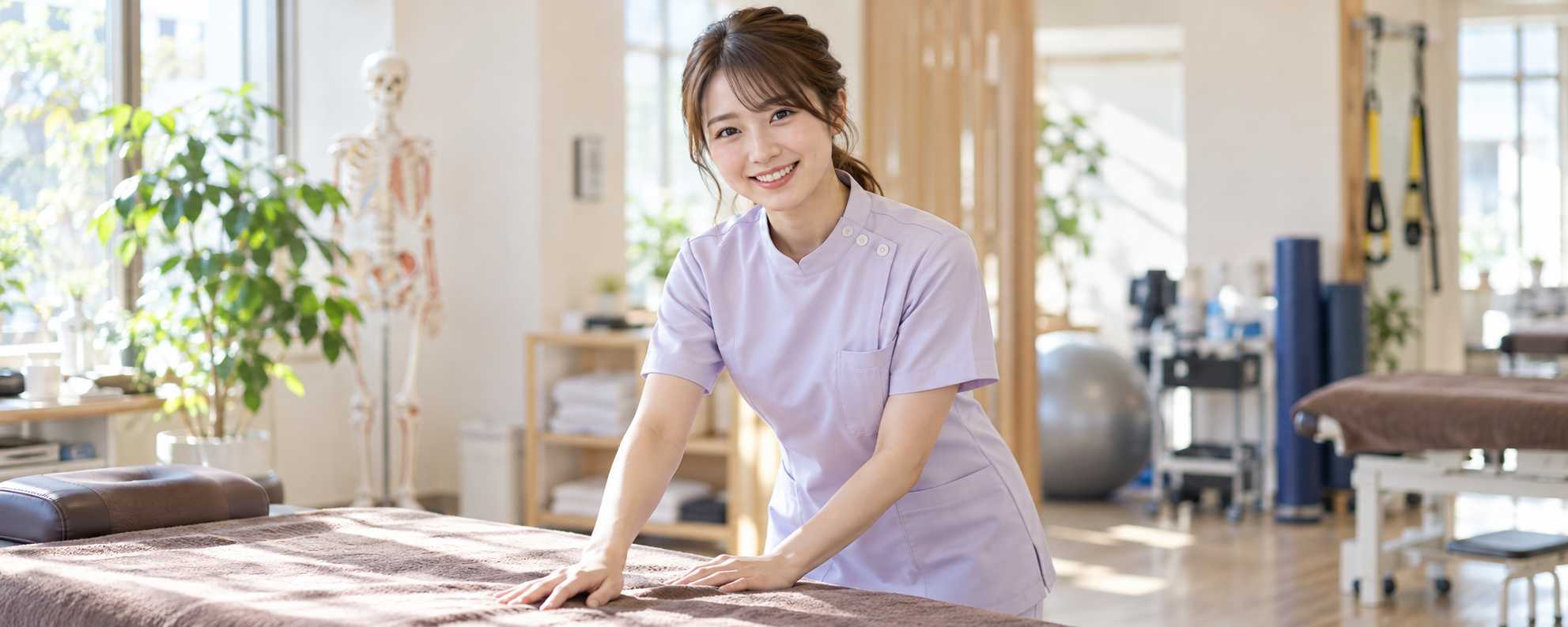 施術ベッドのそばで微笑む柔道整復師