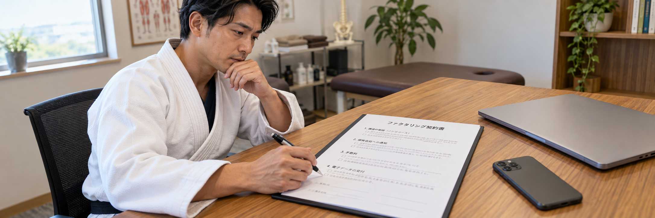 ファクタリング契約書の内容を確認している柔道整復師