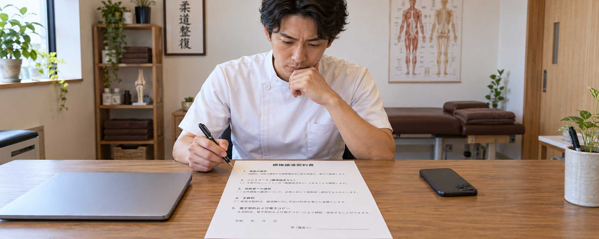 債権譲渡契約書の注意点を確認している柔道整復師
