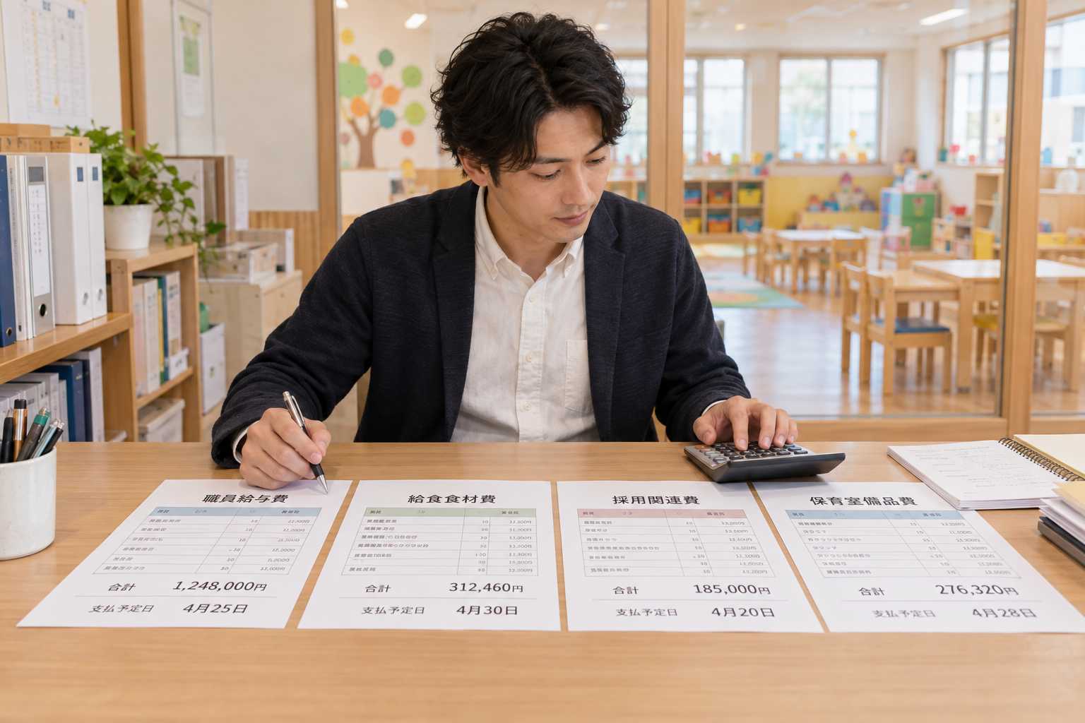 職員給与費・給食食材費・採用関連費・保育室備品費の書類を確認する様子
