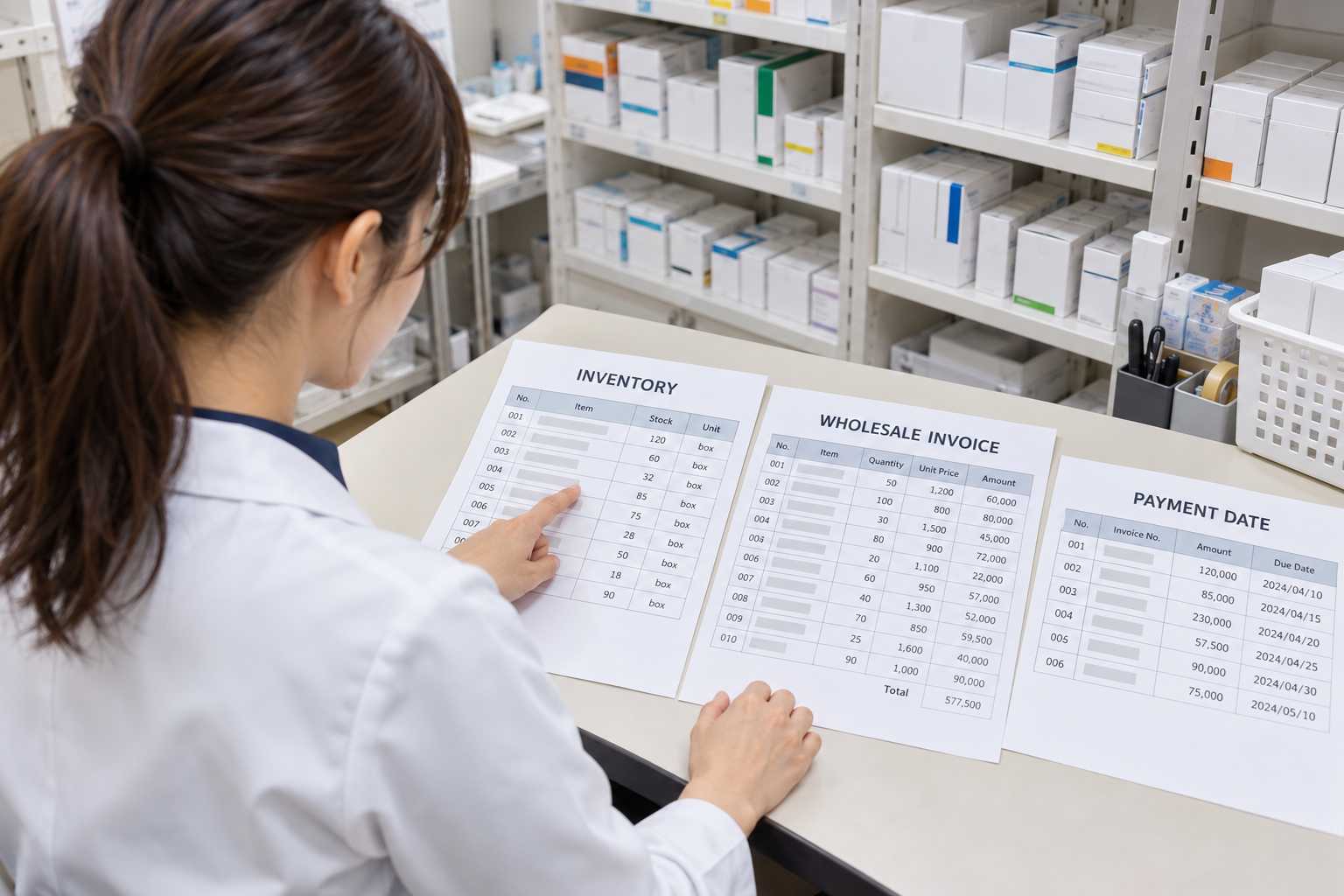 薬局のバックヤードで在庫や医薬品卸への請求書を確認している様子