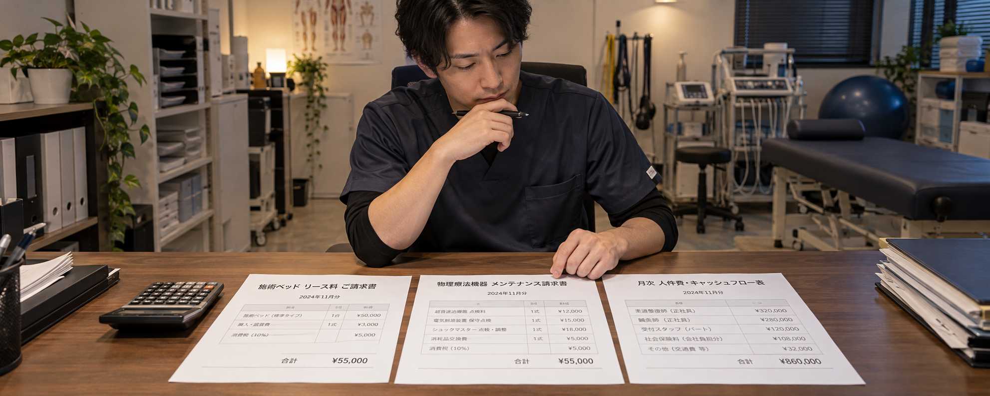 施術ベッドリース料や機器メンテナンス費の請求書を確認している柔道整復師