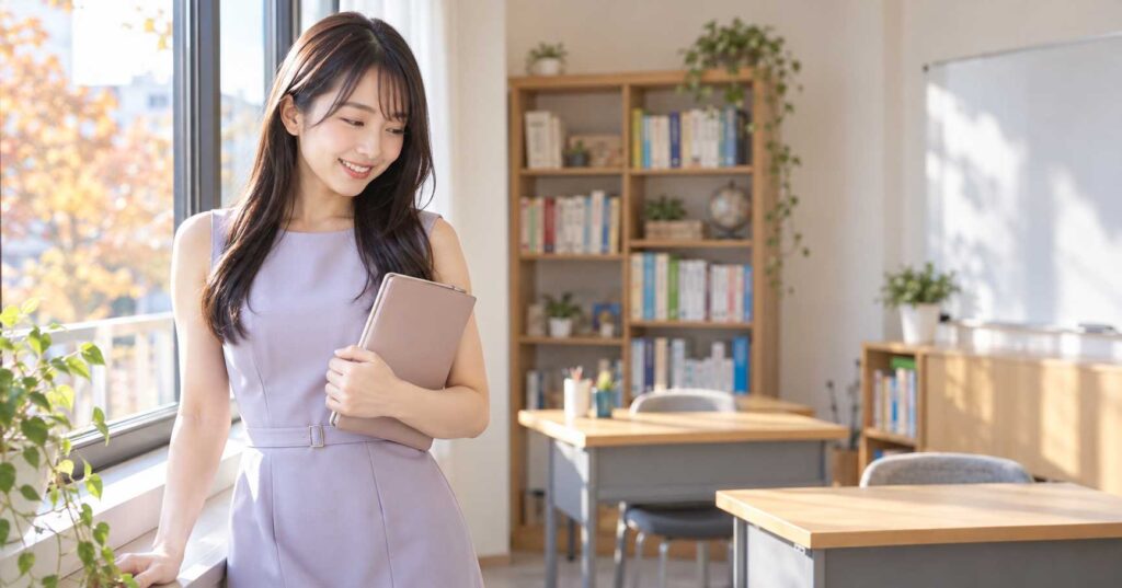 教室でタブレットを手にする学習塾のスタッフ