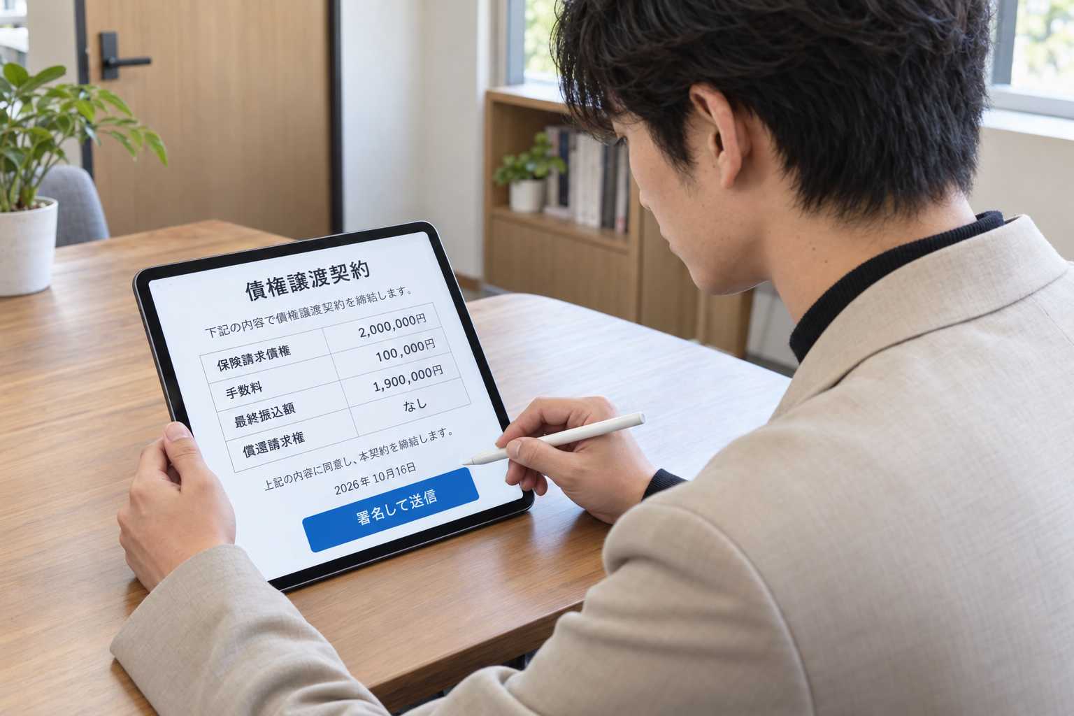 タブレットで債権譲渡契約に署名する様子