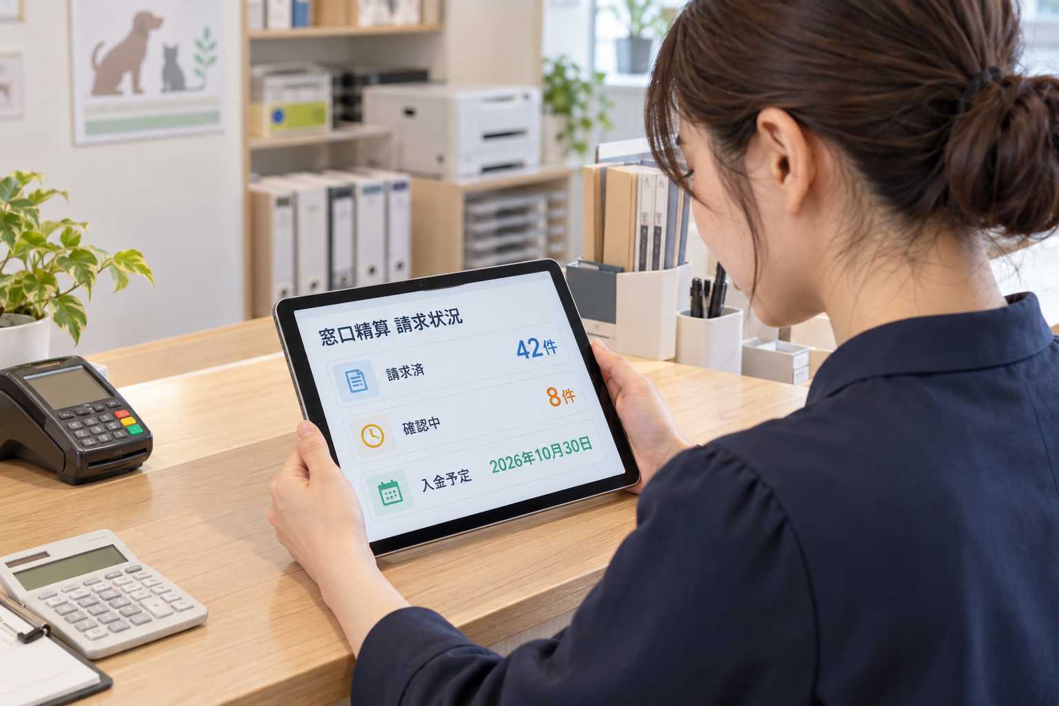 タブレットで窓口精算の請求状況を確認するスタッフ