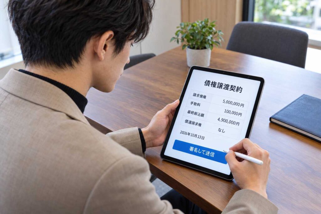 タブレットで債権譲渡契約に電子署名する様子