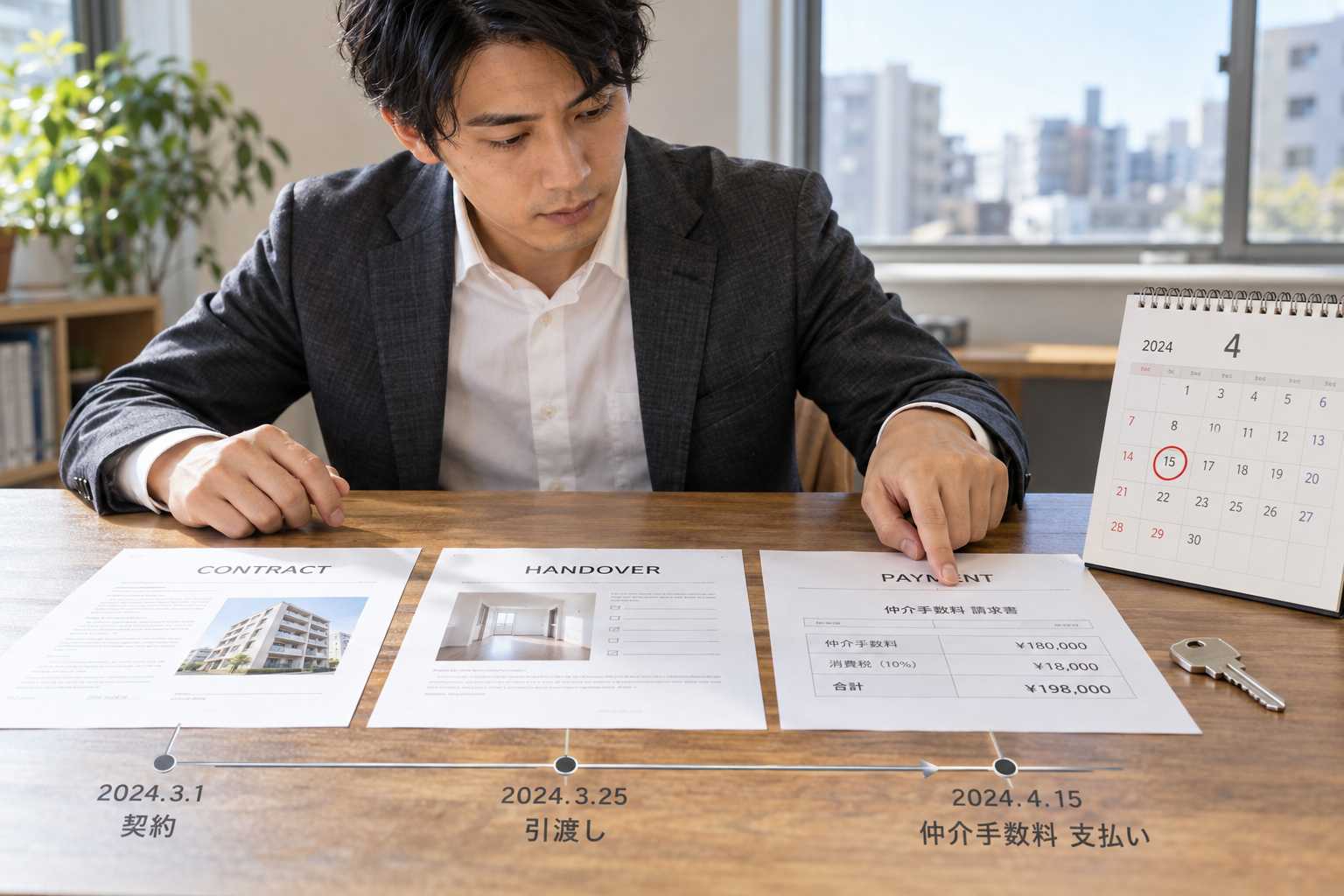 契約から引渡し、仲介手数料の支払いまでの日付の流れを確認している様子