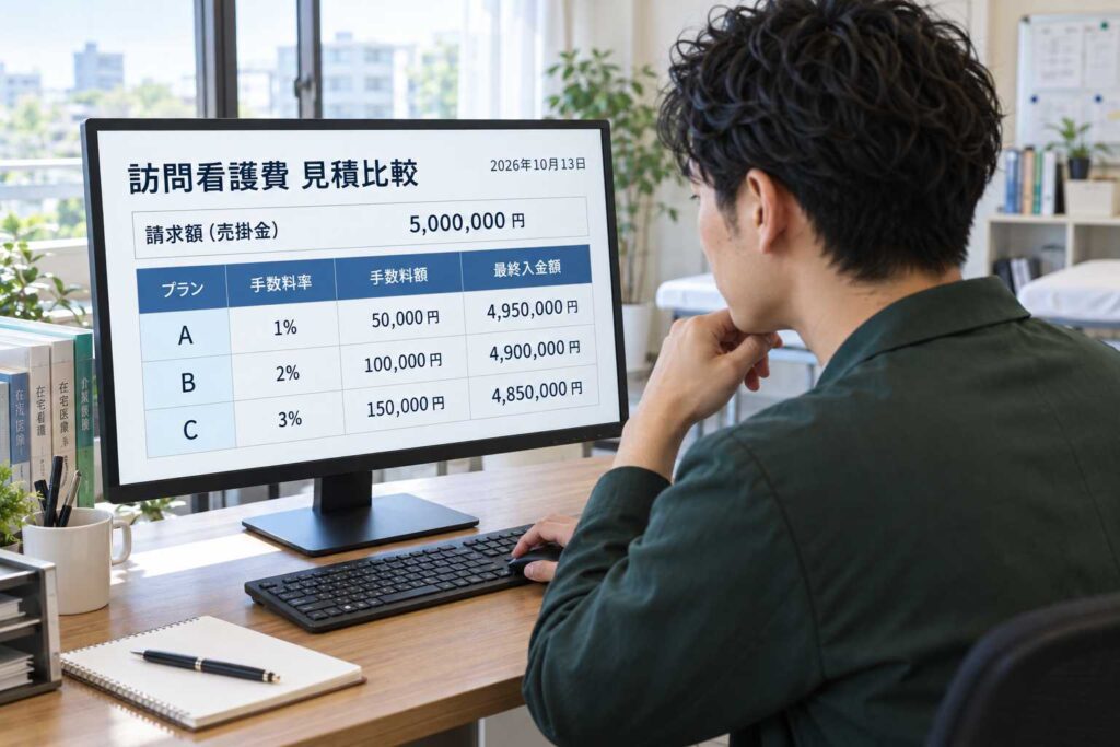 訪問看護費の見積比較（手数料プランA・B・C）を確認する様子