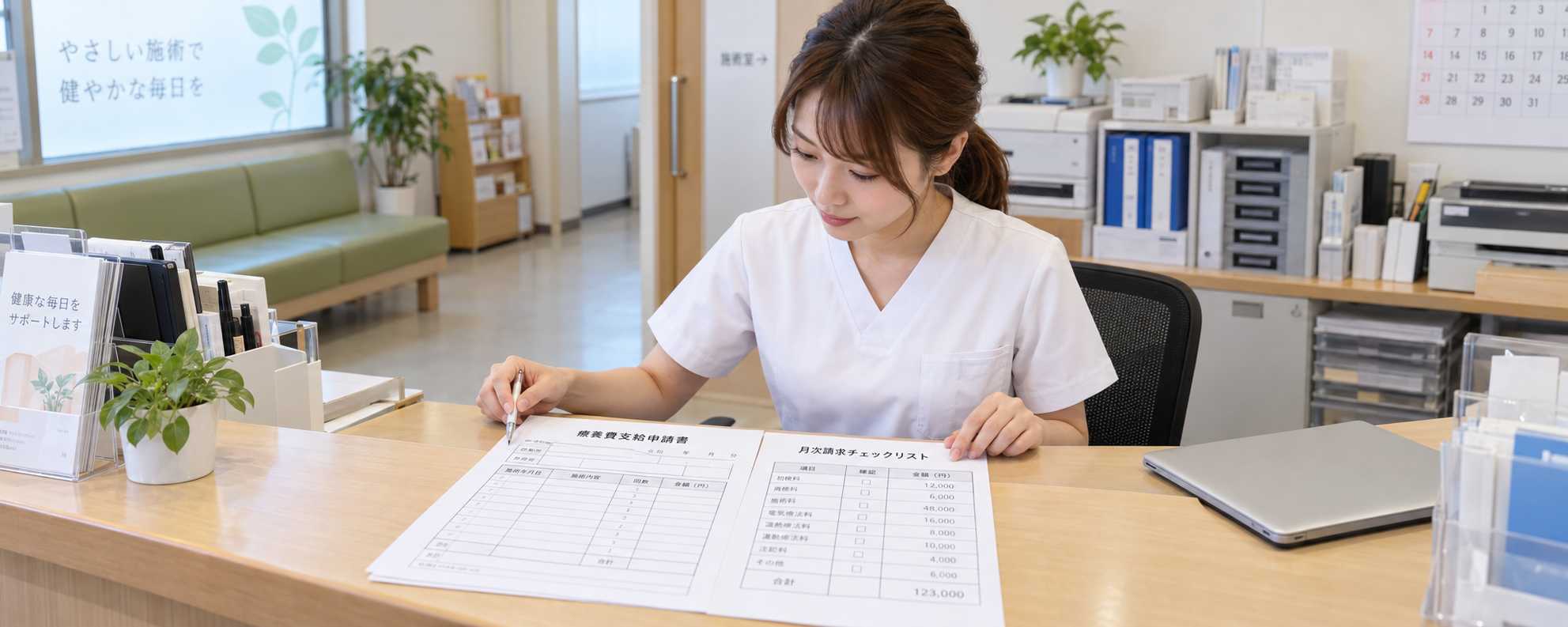 療養費支給申請書と月次請求チェックリストを確認している柔道整復師