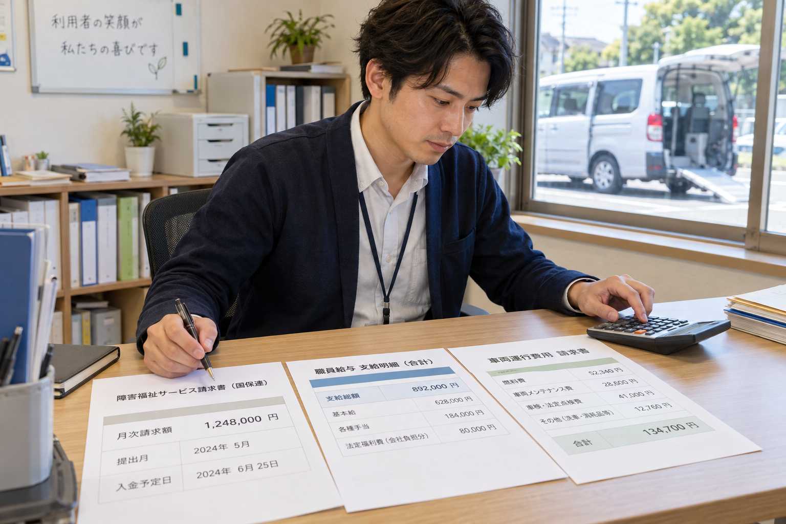 請求額・職員給与・車両運行費用の書類を確認する様子
